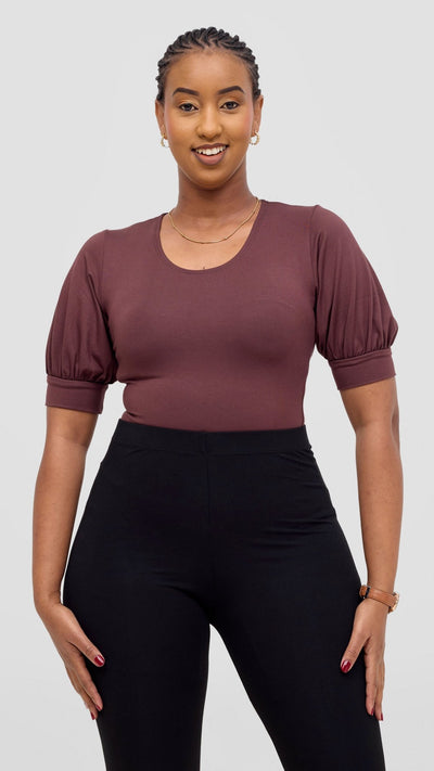 Vivo Tana Puff Sleeve Bodysuit - Chocolate Brown - Shopzetu