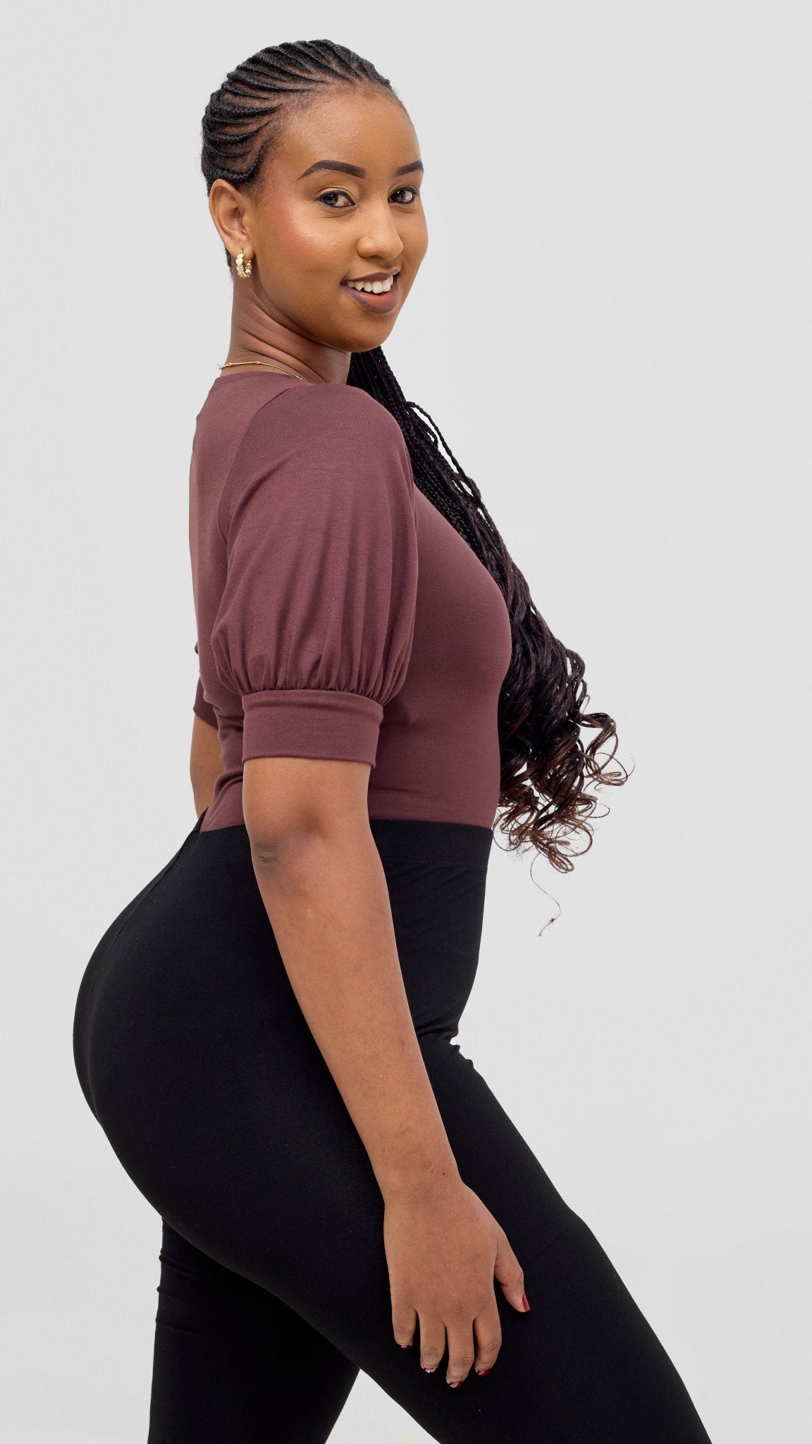 Vivo Tana Puff Sleeve Bodysuit - Chocolate Brown - Shopzetu