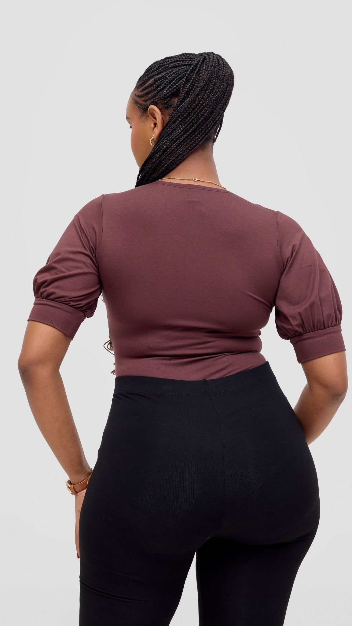 Vivo Tana Puff Sleeve Bodysuit - Chocolate Brown - Shopzetu