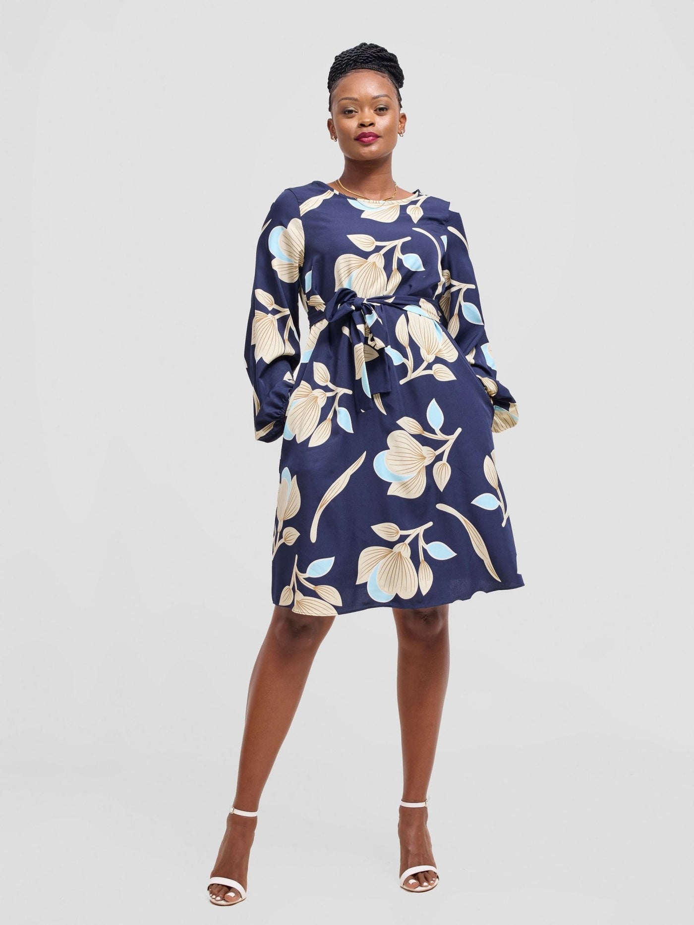 Vivo Basic Ayo Bishop Sleeve Dress - Navy / Peach Print - Shopzetu