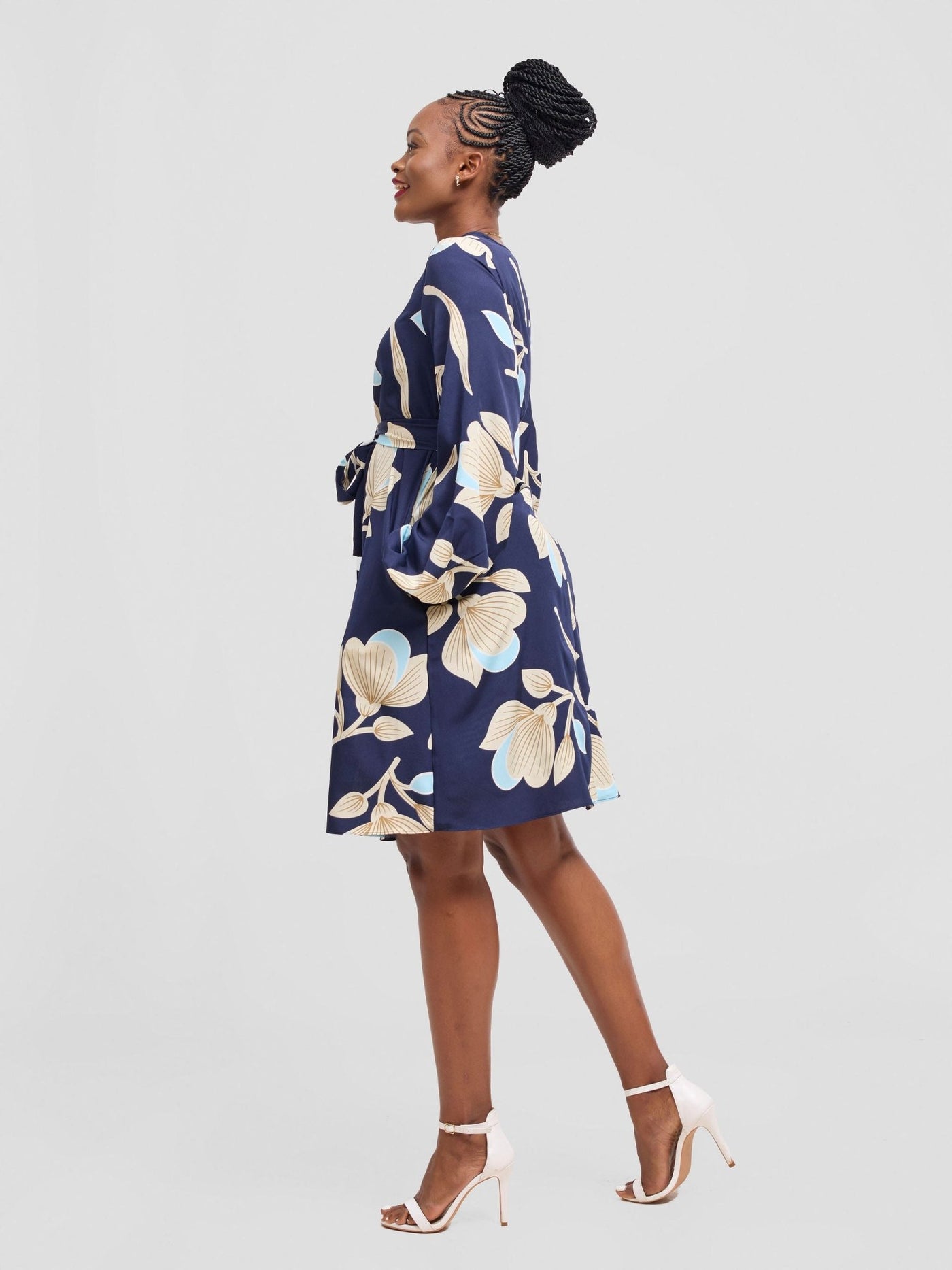 Vivo Basic Ayo Bishop Sleeve Dress - Navy / Peach Print - Shopzetu