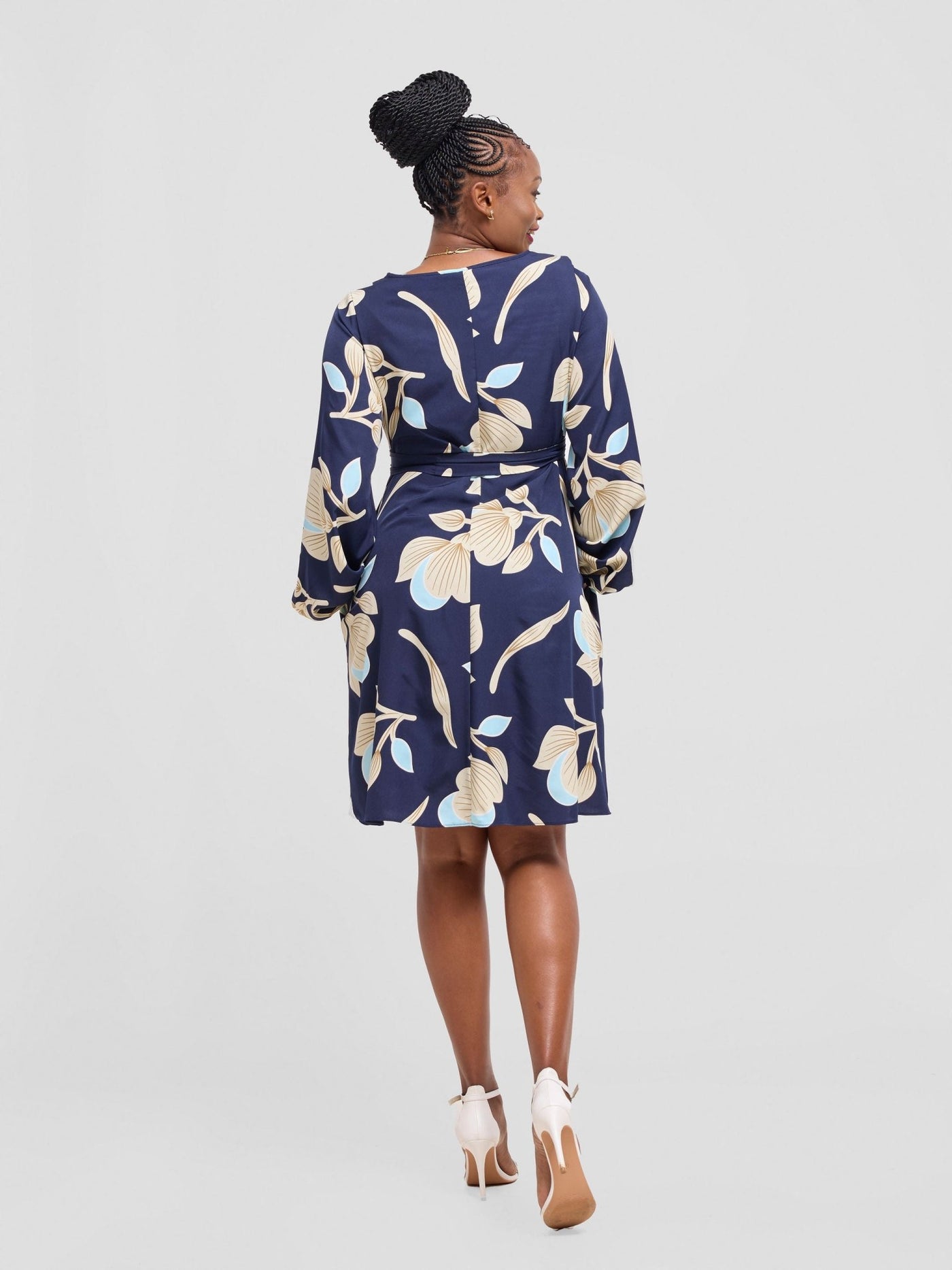 Vivo Basic Ayo Bishop Sleeve Dress - Navy / Peach Print - Shopzetu