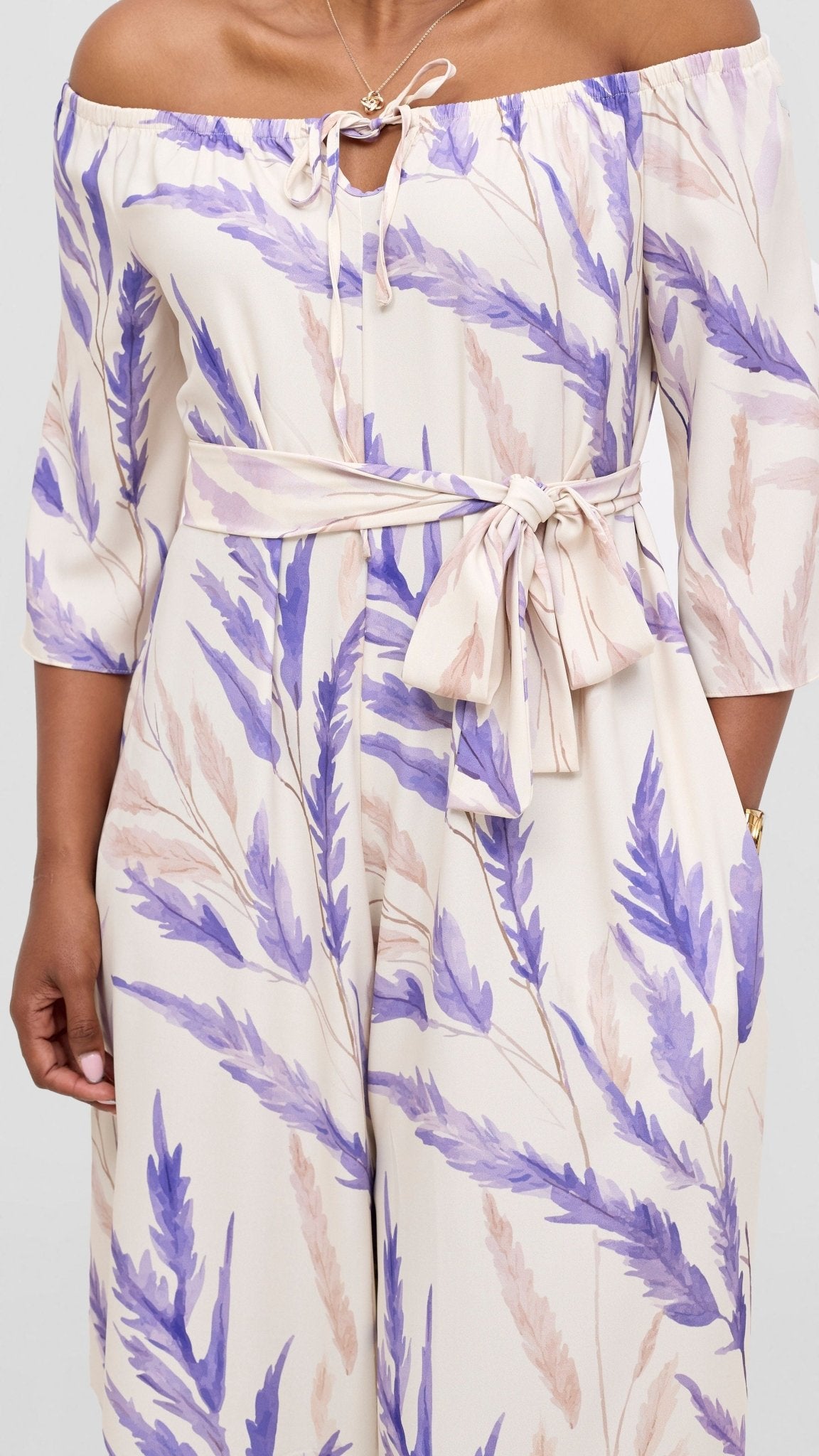 Vivo Zahari 3/4 Sleeve Off Shoulder Jumpsuit - Purple / Cream Rubi Print - Shopzetu