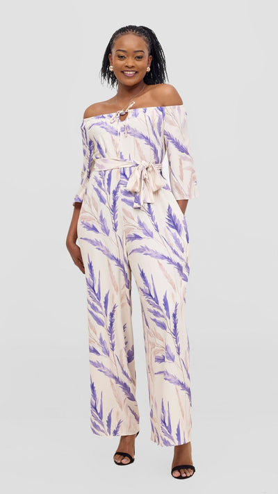 Vivo Zahari 3/4 Sleeve Off Shoulder Jumpsuit - Purple / Cream Rubi Print - Shopzetu