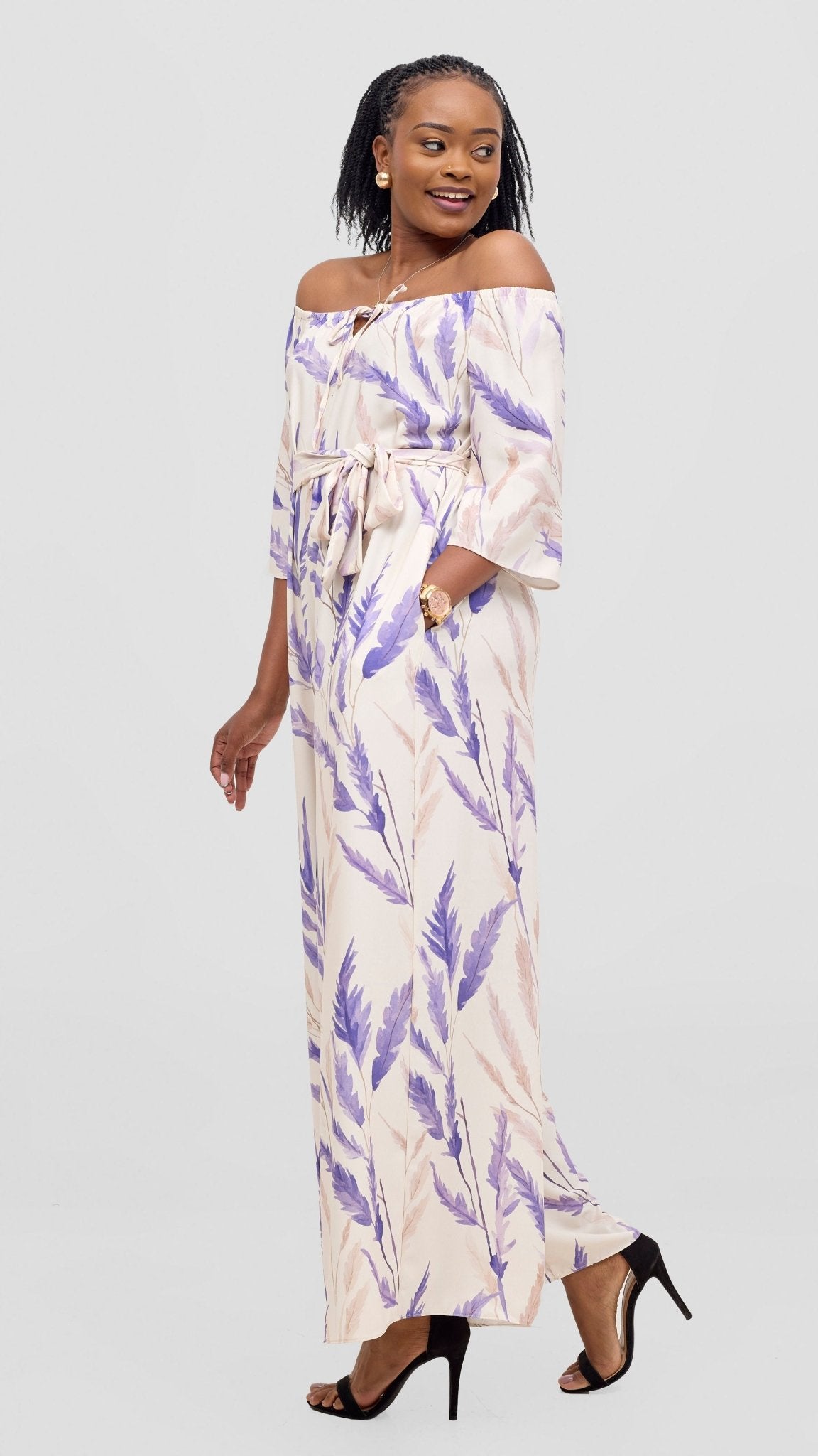 Vivo Zahari 3/4 Sleeve Off Shoulder Jumpsuit - Purple / Cream Rubi Print - Shopzetu