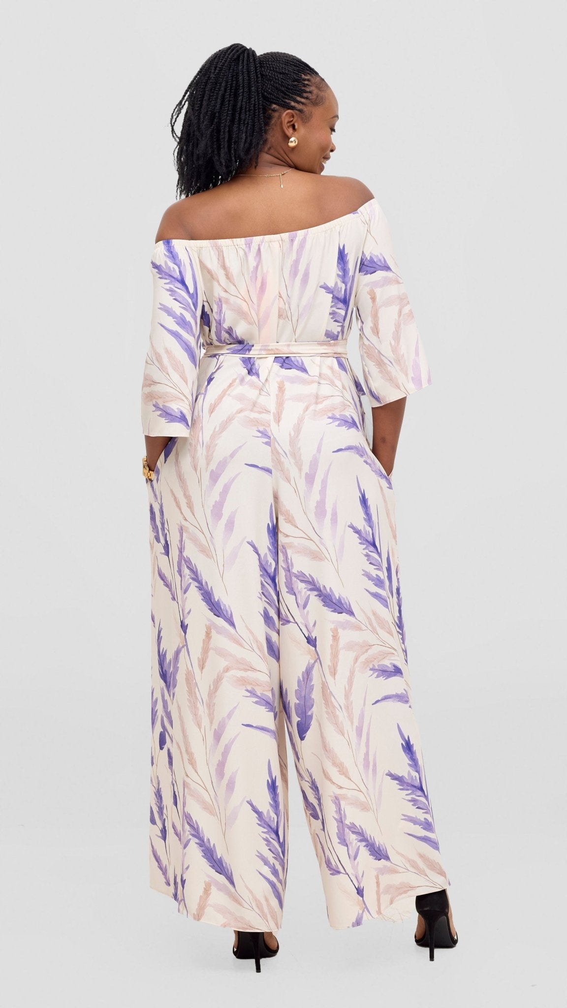 Vivo Zahari 3/4 Sleeve Off Shoulder Jumpsuit - Purple / Cream Rubi Print - Shopzetu