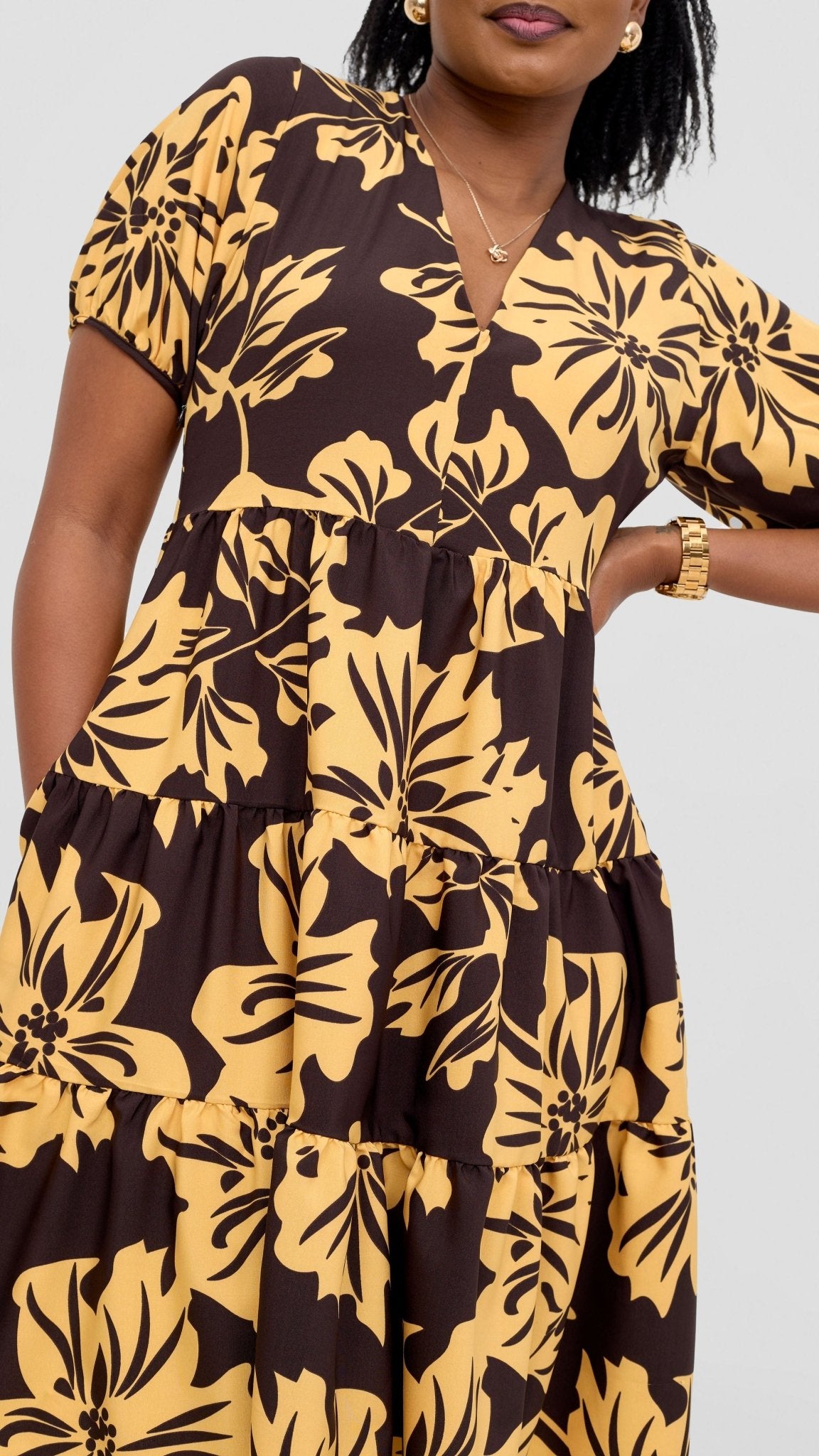 Vivo Wingu Three Tiered Knee Length Dress - Brown / Cream Print - Shopzetu