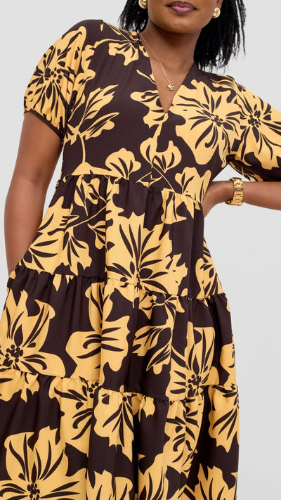 Vivo Wingu Three Tiered Knee Length Dress - Brown / Cream Print - Shopzetu