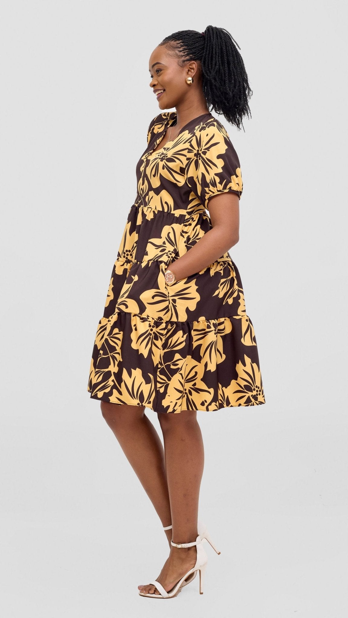 Vivo Wingu Three Tiered Knee Length Dress - Brown / Cream Print - Shopzetu