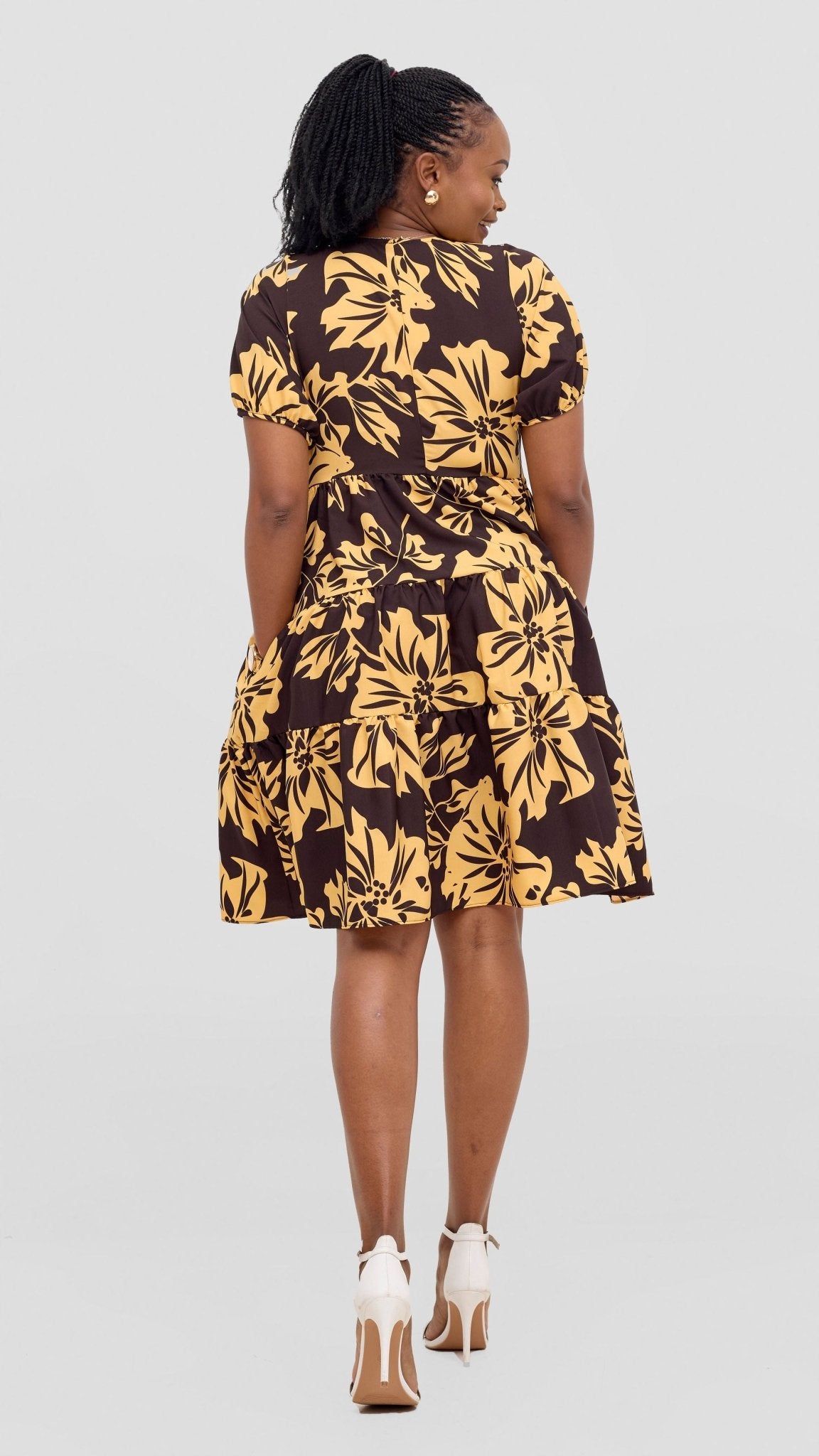 Vivo Wingu Three Tiered Knee Length Dress - Brown / Cream Print - Shopzetu