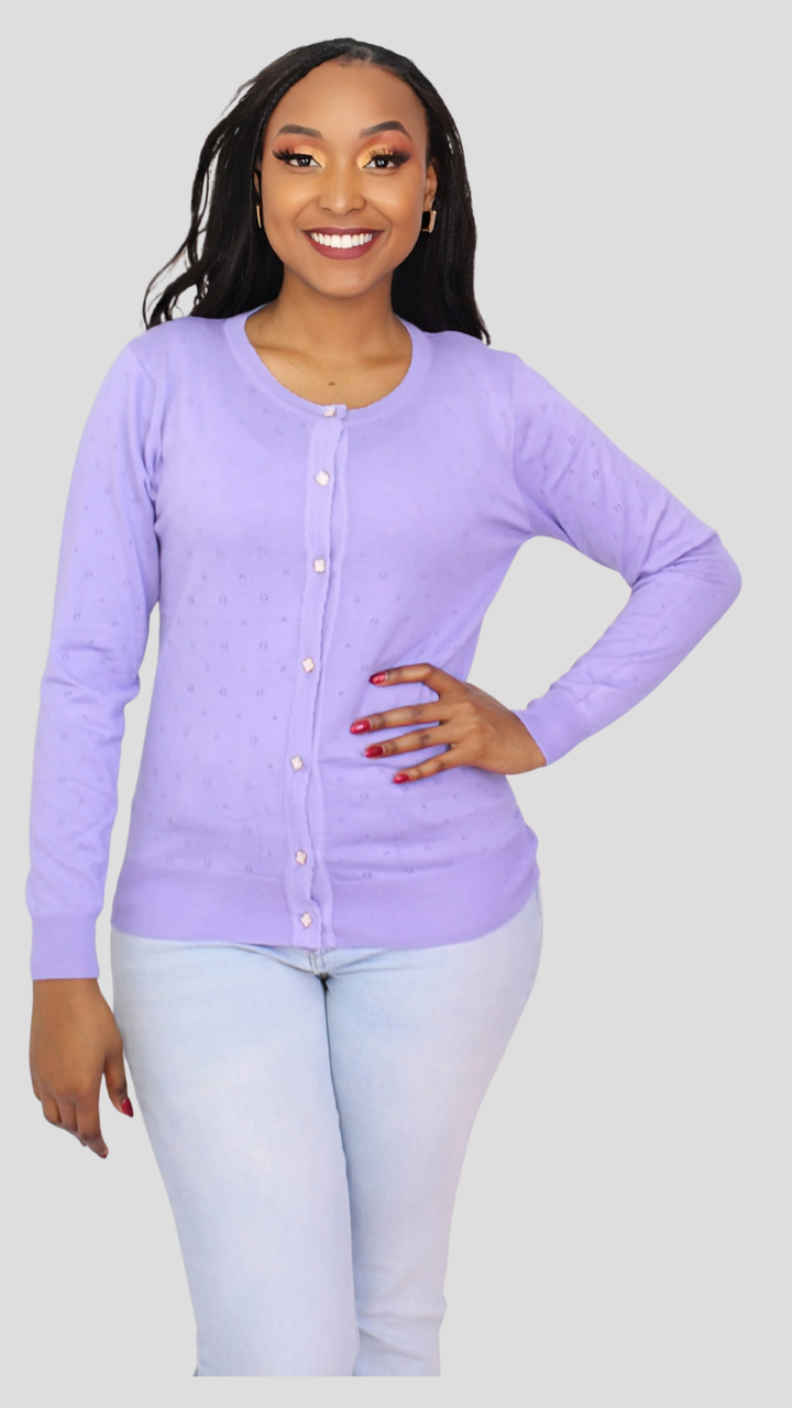 The Fashion Frenzy Pointelle Button Through Knit Cardigan – Purple