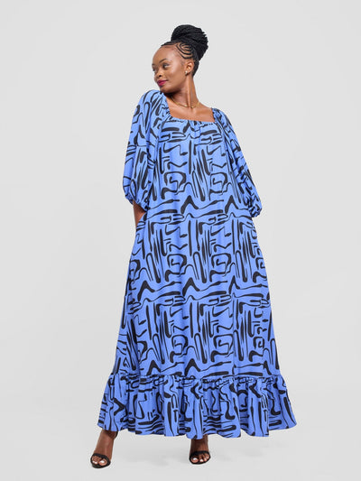 Vivo Serwa Square Neck Maxi Dress - Blue / Black Sera Print - Shopzetu