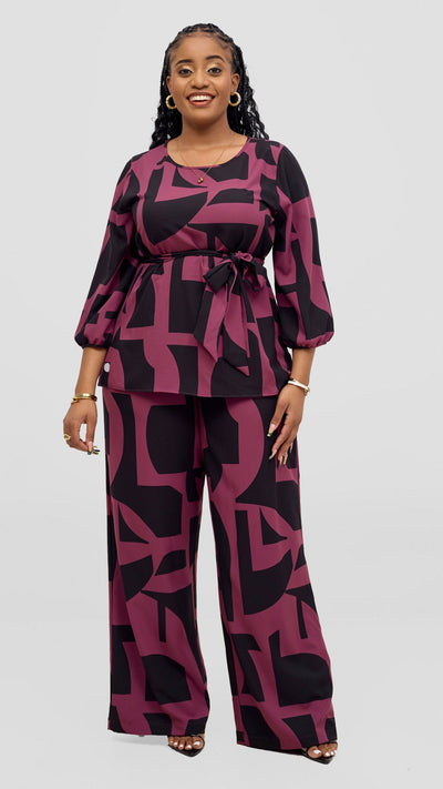 Vivo Kani Bishop Sleeve Top - Dusty Pink / Black Dashen Print - Shopzetu