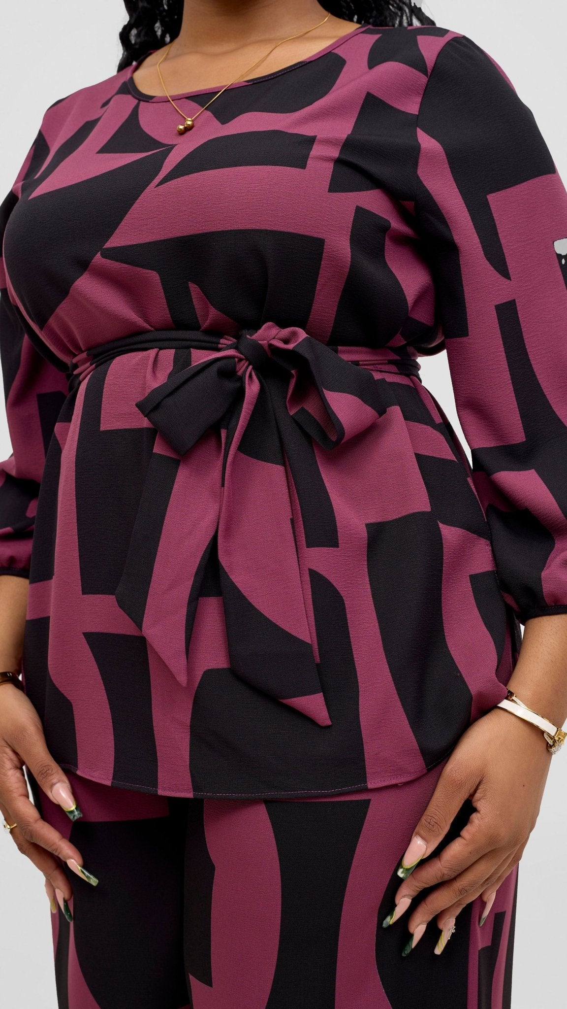 Vivo Kani Bishop Sleeve Top - Dusty Pink / Black Dashen Print - Shopzetu