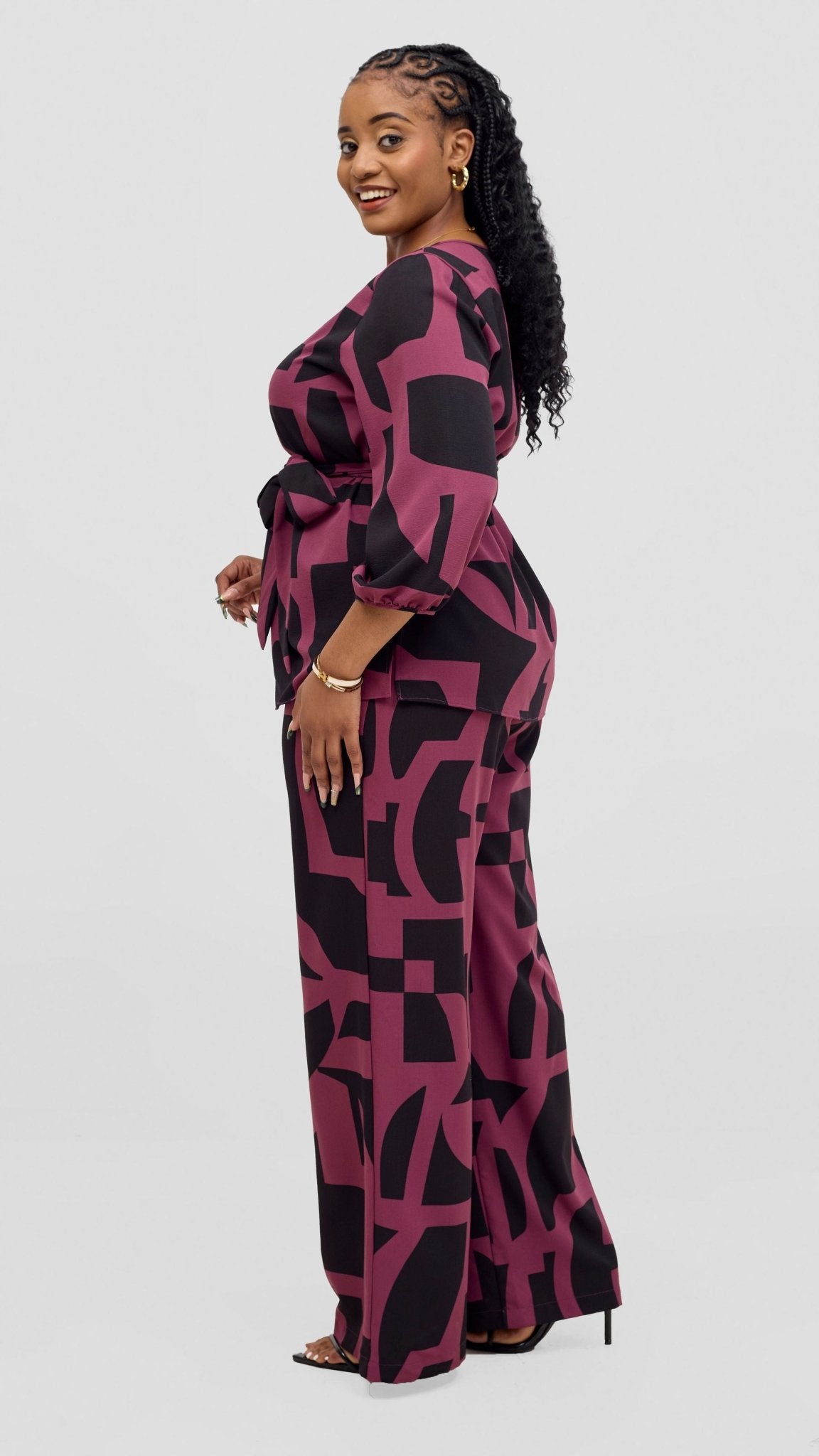 Vivo Kani Bishop Sleeve Top - Dusty Pink / Black Dashen Print - Shopzetu
