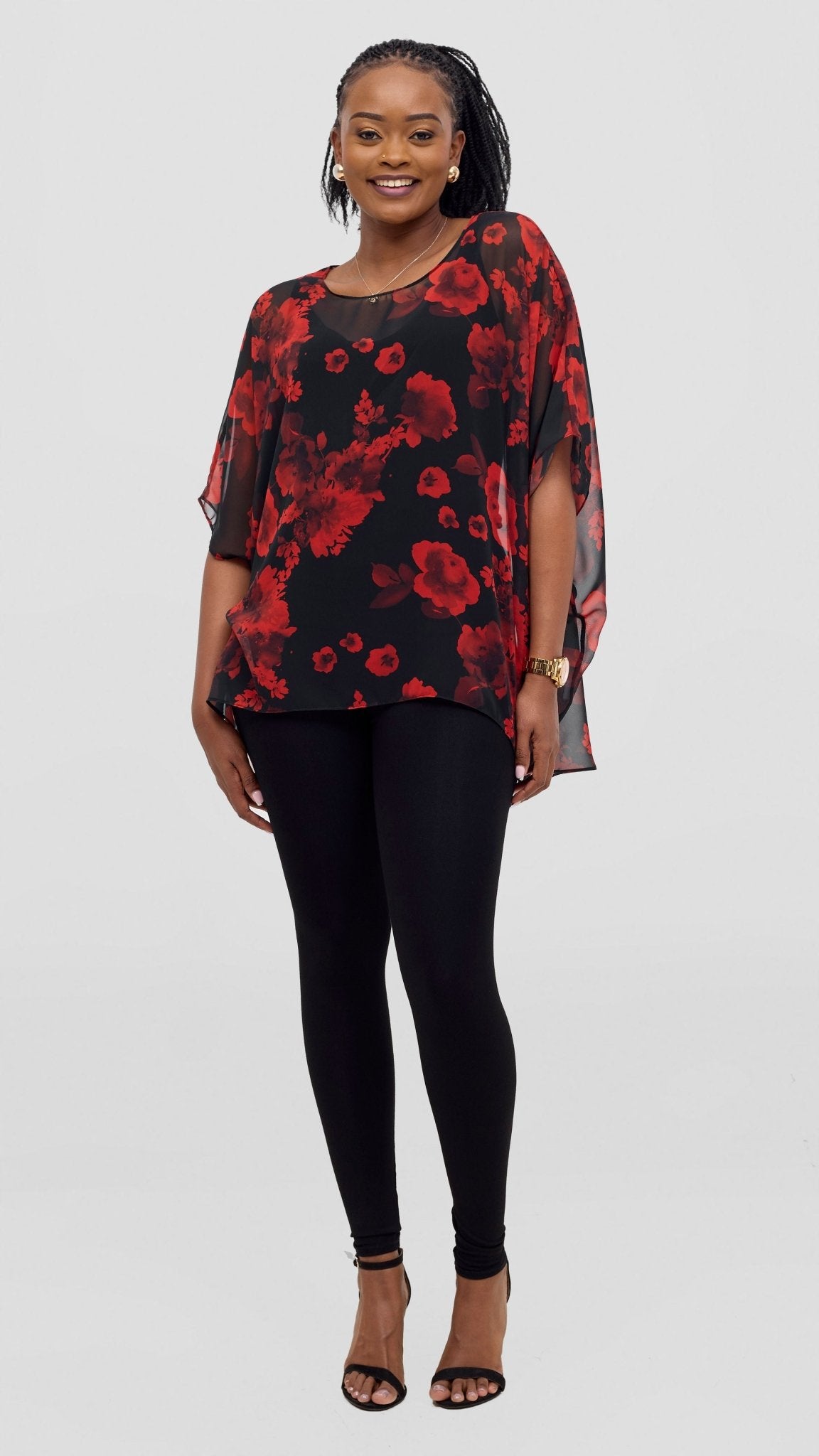 Vivo Ayana Wide High Low Top - Black / Red Print - Shopzetu