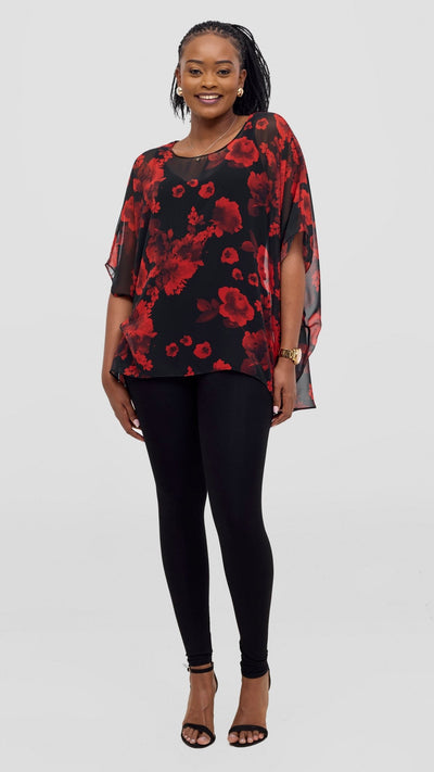 Vivo Ayana Wide High Low Top - Black / Red Print - Shopzetu