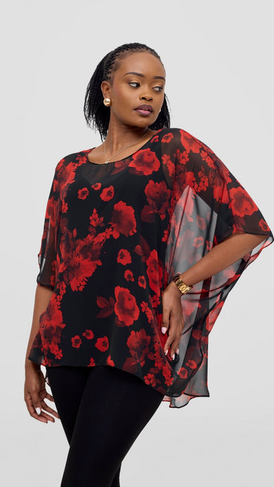 Vivo Ayana Wide High Low Top - Black / Red Print - Shopzetu