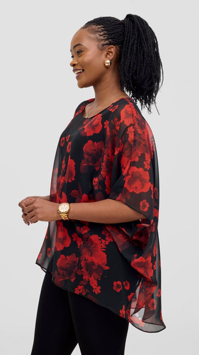 Vivo Ayana Wide High Low Top - Black / Red Print - Shopzetu