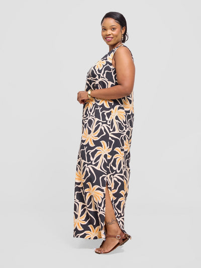 Vivo Ava Front Pleat Maxi Dress - Orange / Black Ala Print - Shopzetu