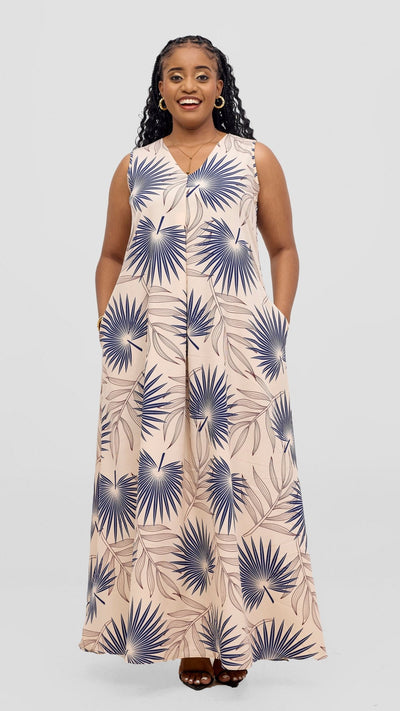 Vivo Ava Front Pleat Maxi Dress - Peach / Navy Print - Shopzetu