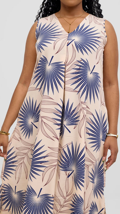 Vivo Ava Front Pleat Maxi Dress - Peach / Navy Print - Shopzetu