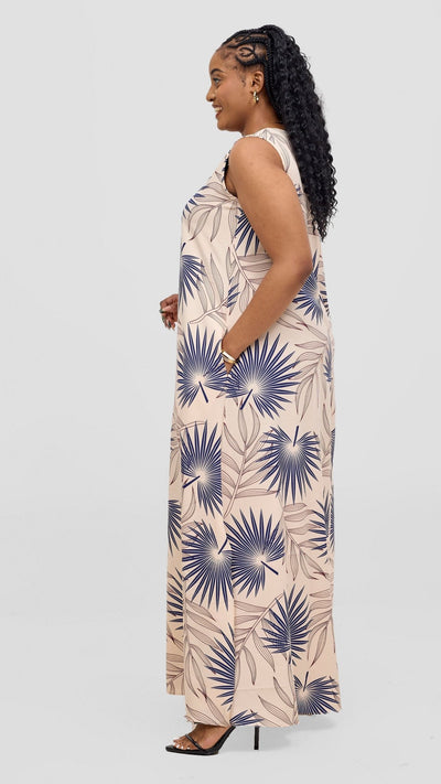 Vivo Ava Front Pleat Maxi Dress - Peach / Navy Print - Shopzetu