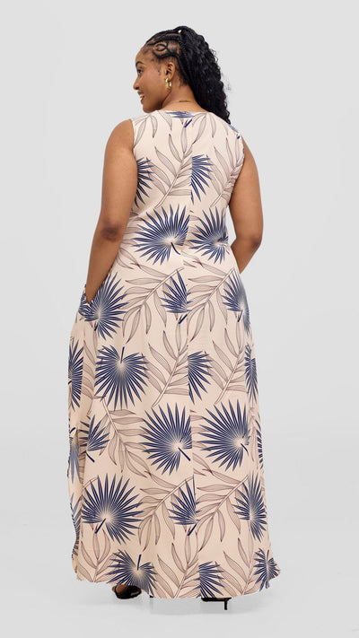 Vivo Ava Front Pleat Maxi Dress - Peach / Navy Print - Shopzetu