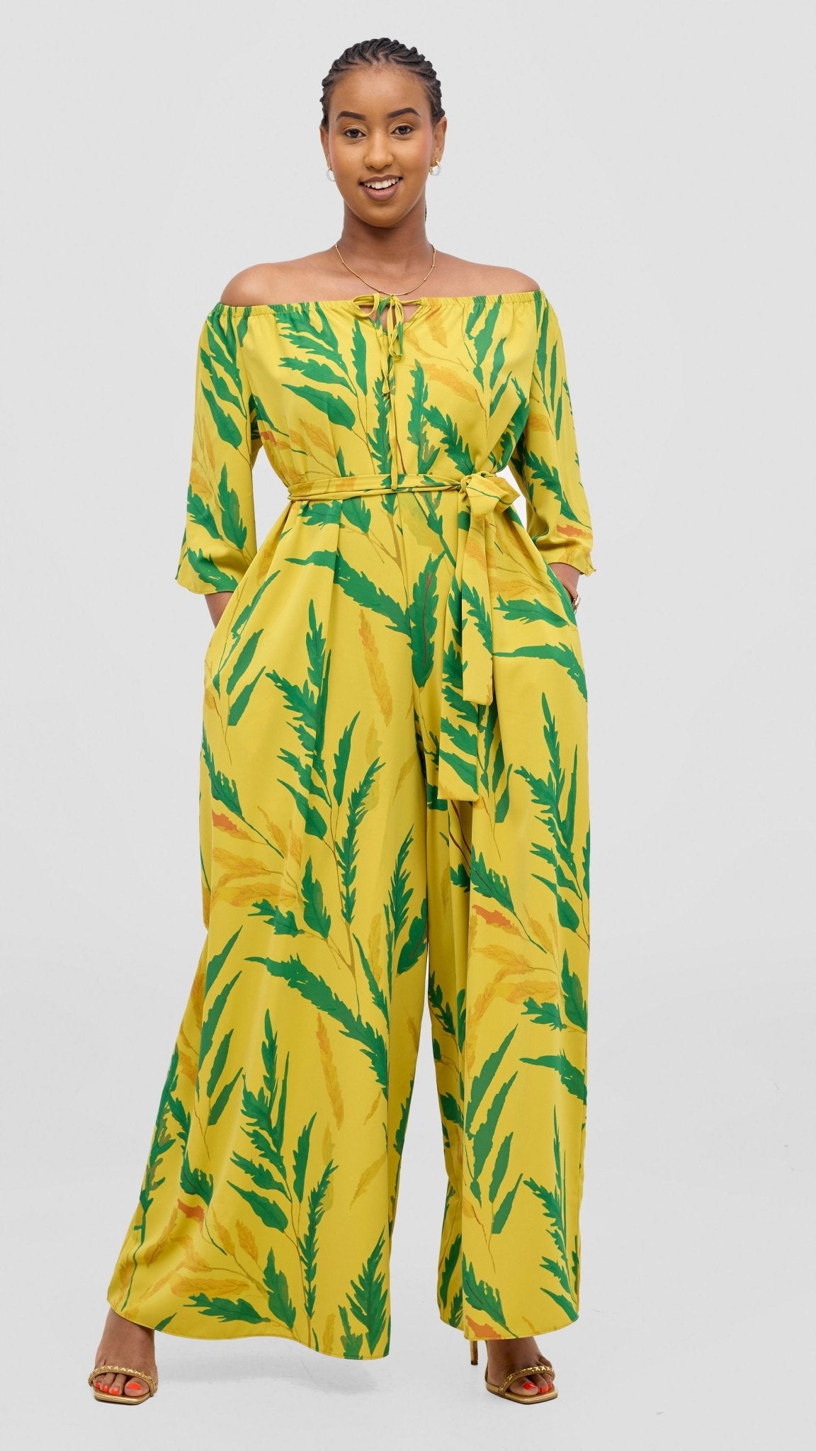 Vivo Zahari 3/4 Sleeve Off Shoulder Jumpsuit - Green / Mustard Rubi Print - Shopzetu