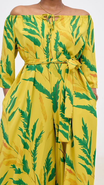 Vivo Zahari 3/4 Sleeve Off Shoulder Jumpsuit - Green / Mustard Rubi Print - Shopzetu