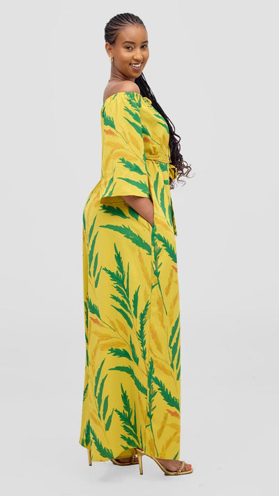 Vivo Zahari 3/4 Sleeve Off Shoulder Jumpsuit - Green / Mustard Rubi Print - Shopzetu