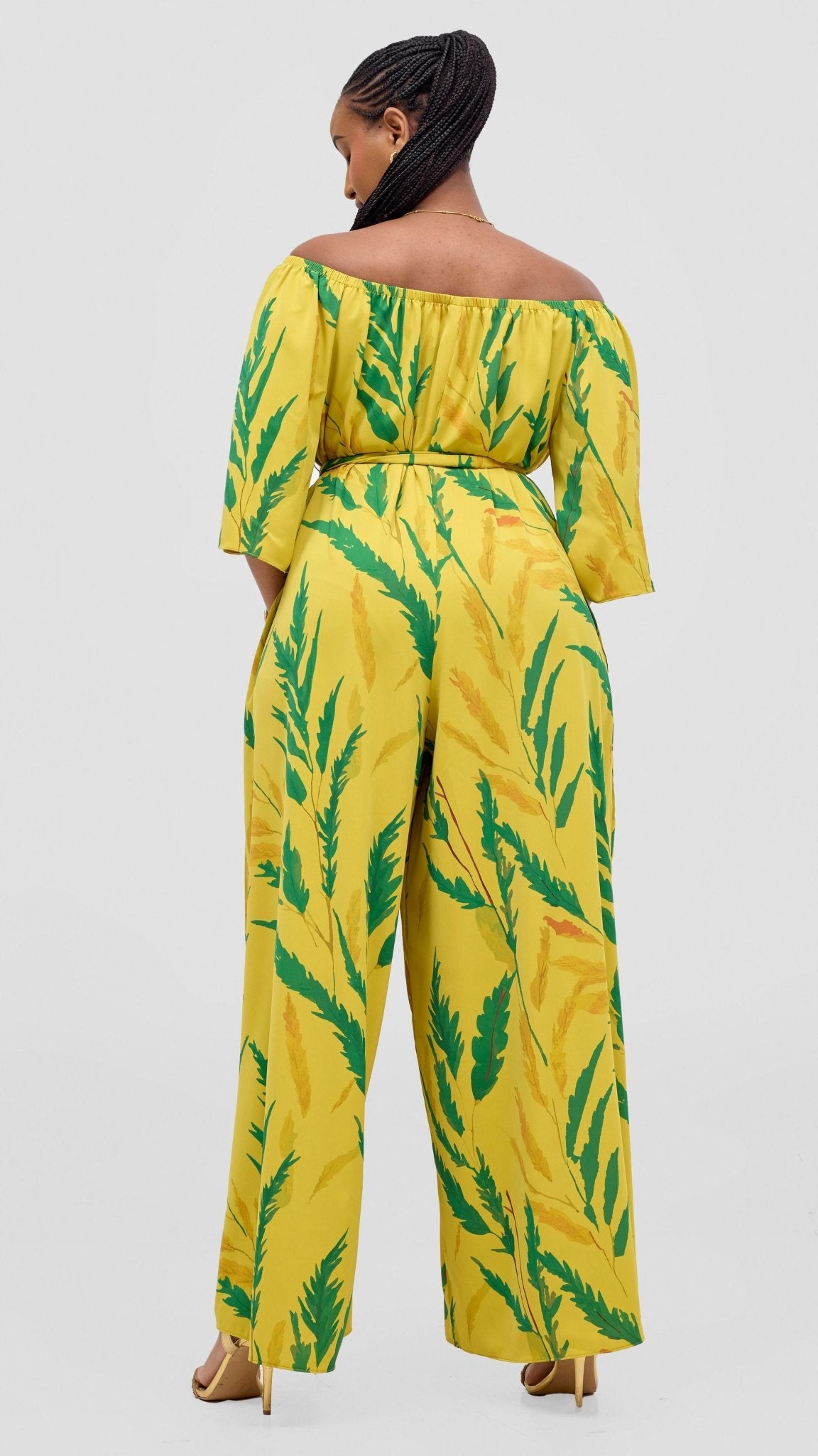 Vivo Zahari 3/4 Sleeve Off Shoulder Jumpsuit - Green / Mustard Rubi Print - Shopzetu