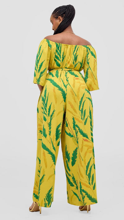 Vivo Zahari 3/4 Sleeve Off Shoulder Jumpsuit - Green / Mustard Rubi Print - Shopzetu