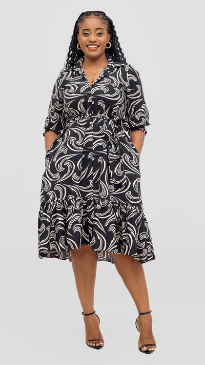 Vivo Serwa Flounce Dress - Black / Offwhite - Shopzetu