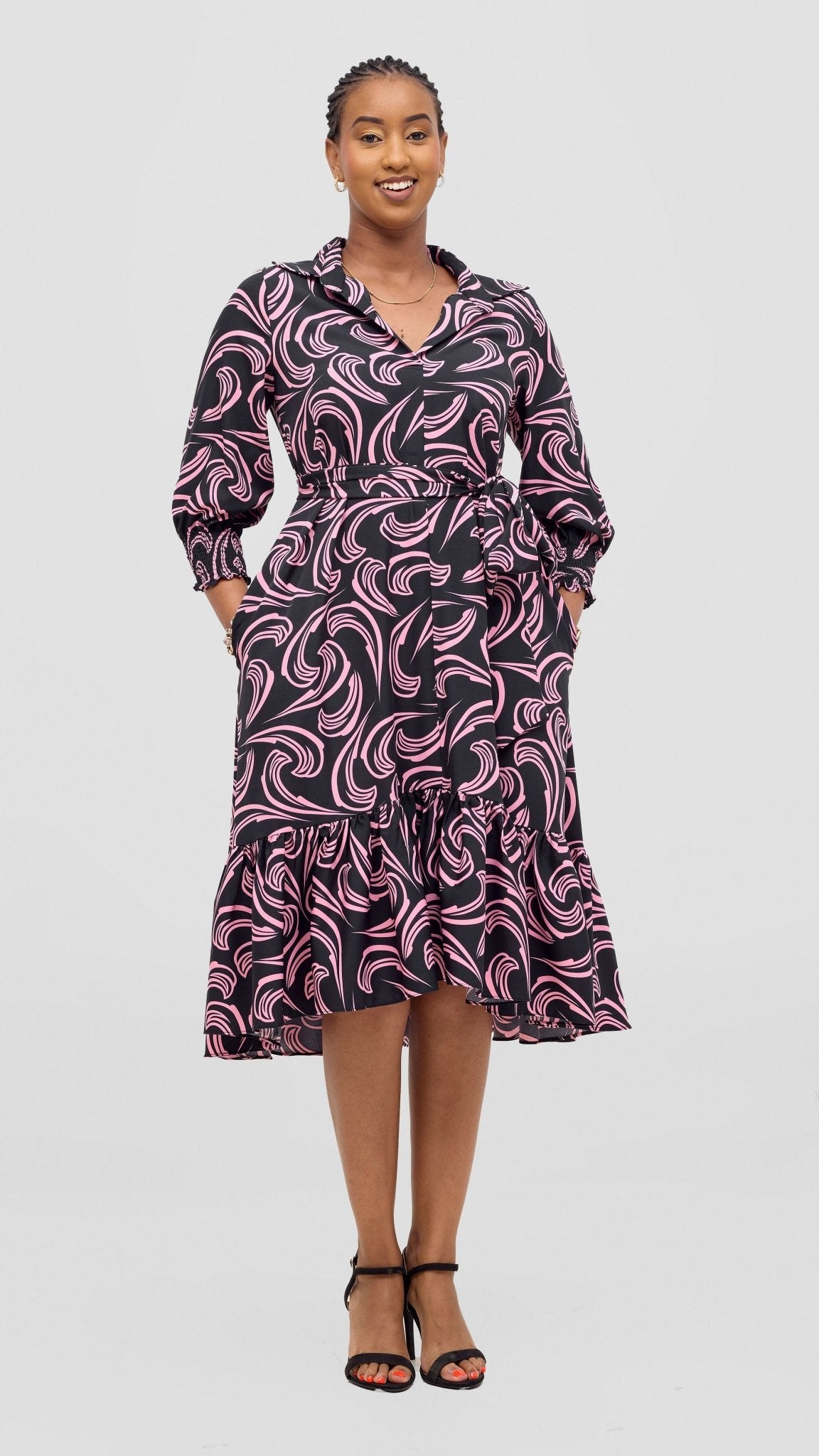 Vivo Serwa Flounce Dress - Black / Pink Print - Shopzetu
