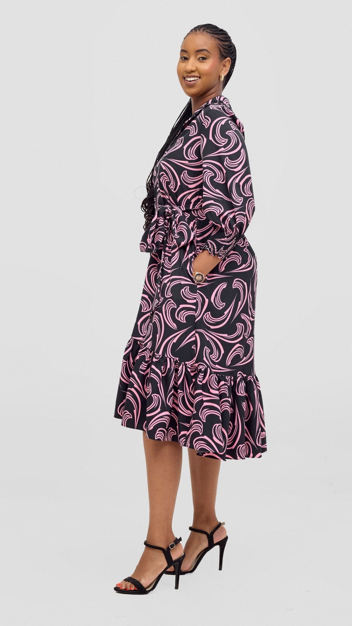 Vivo Serwa Flounce Dress - Black / Pink Print - Shopzetu