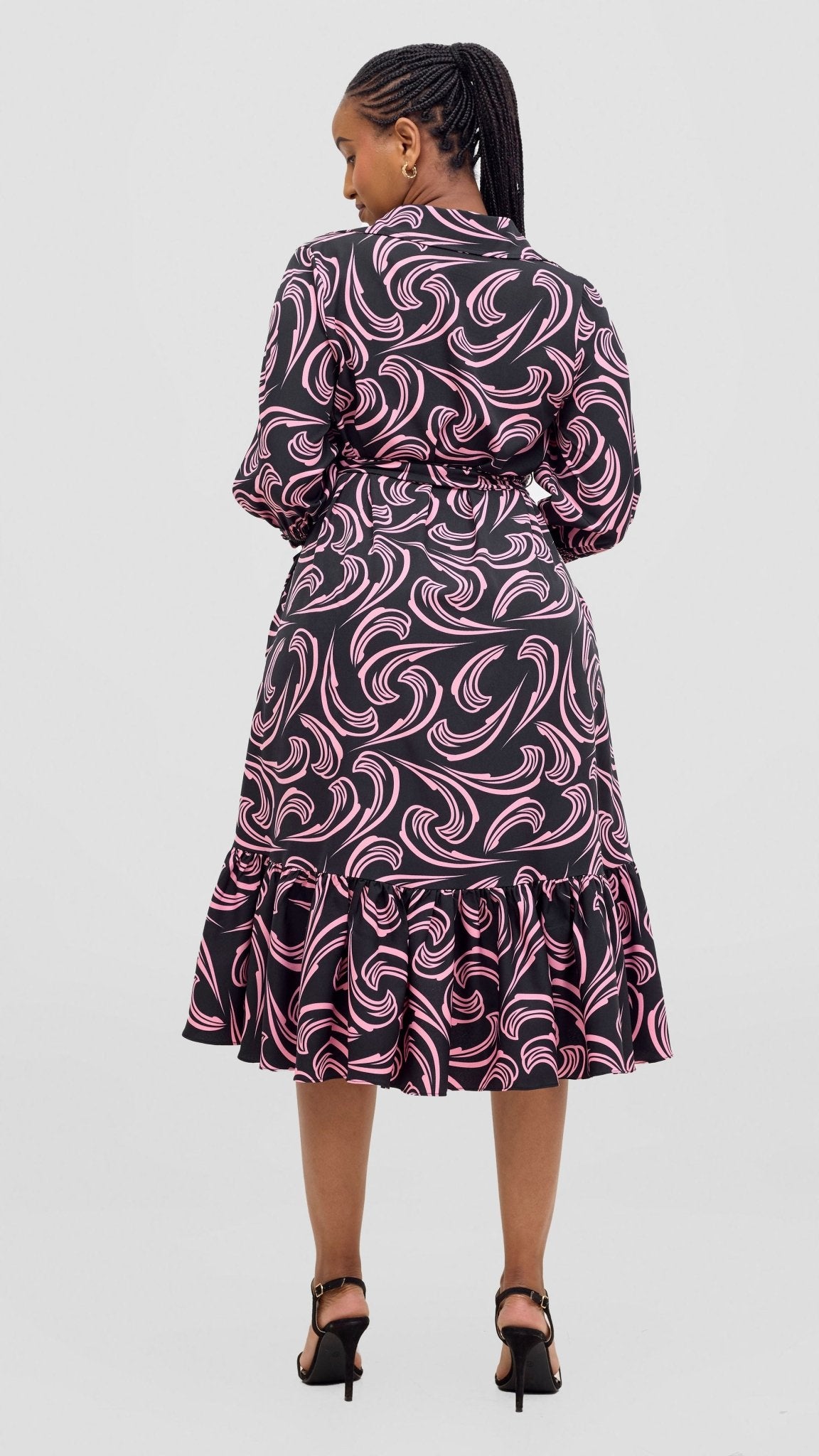 Vivo Serwa Flounce Dress - Black / Pink Print - Shopzetu