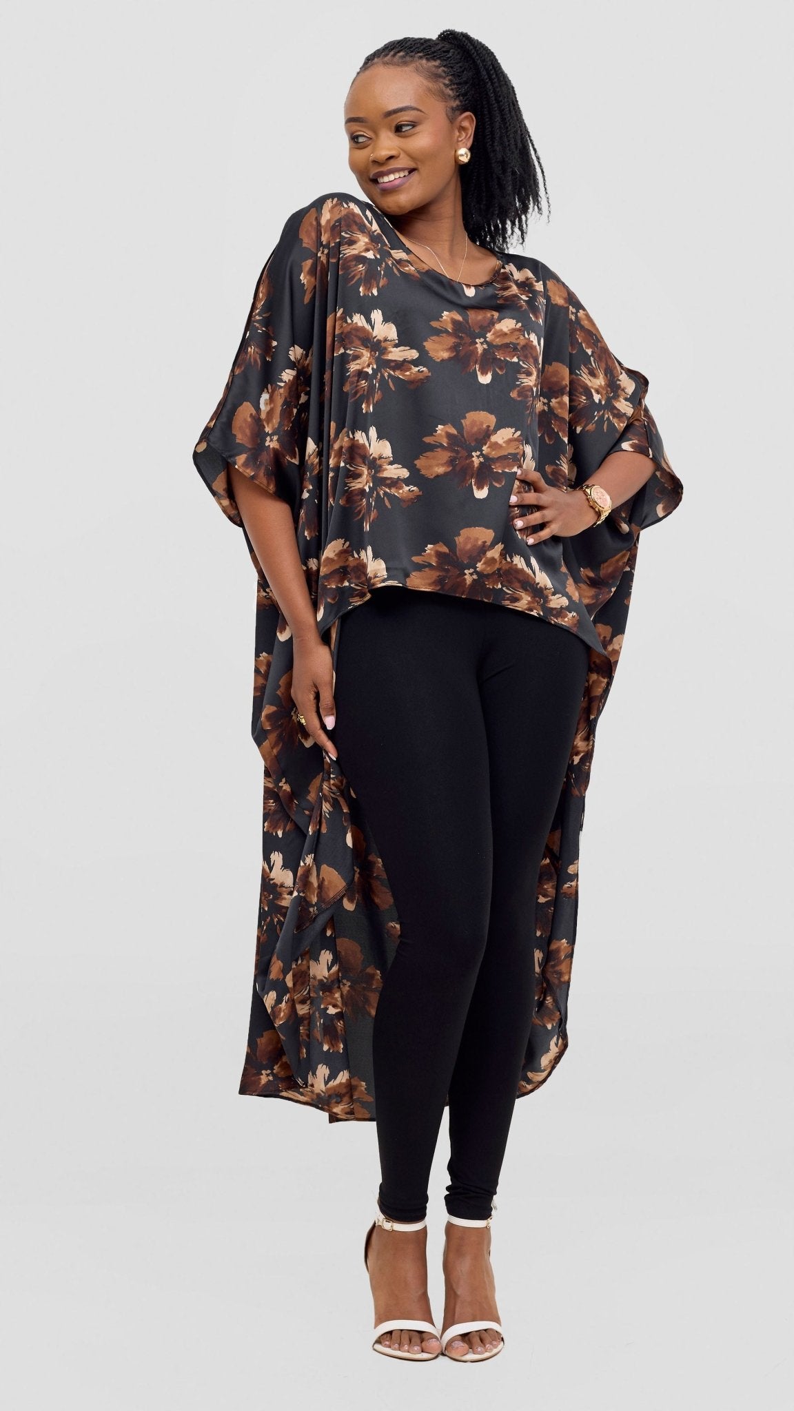 Vivo Satin High Low Top - Black / Brown Print - Shopzetu