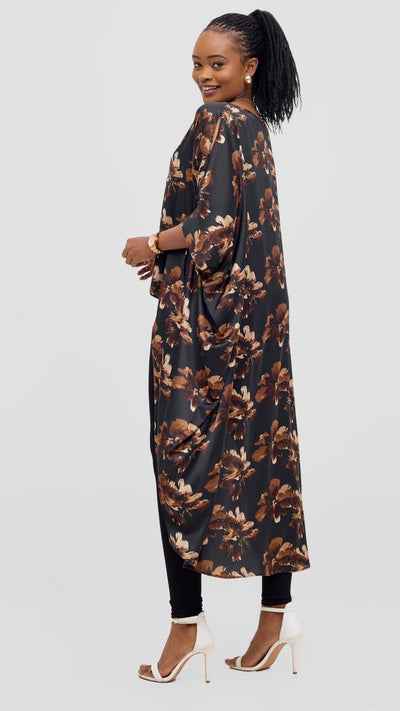 Vivo Satin High Low Top - Black / Brown Print - Shopzetu