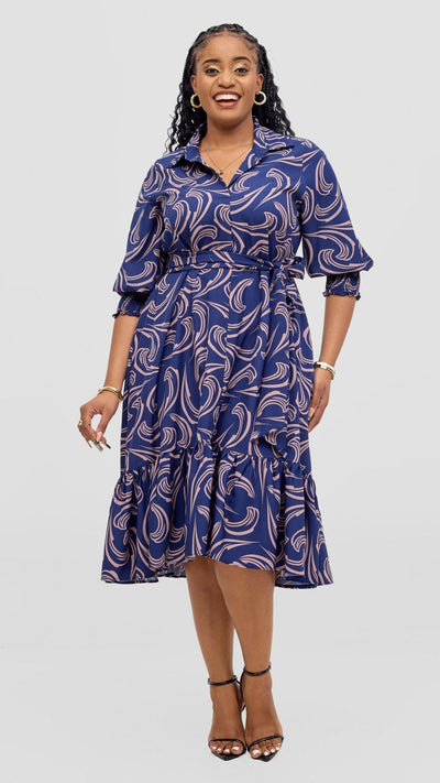 Vivo Serwa Flounce Dress - Navy / Taupe - Shopzetu