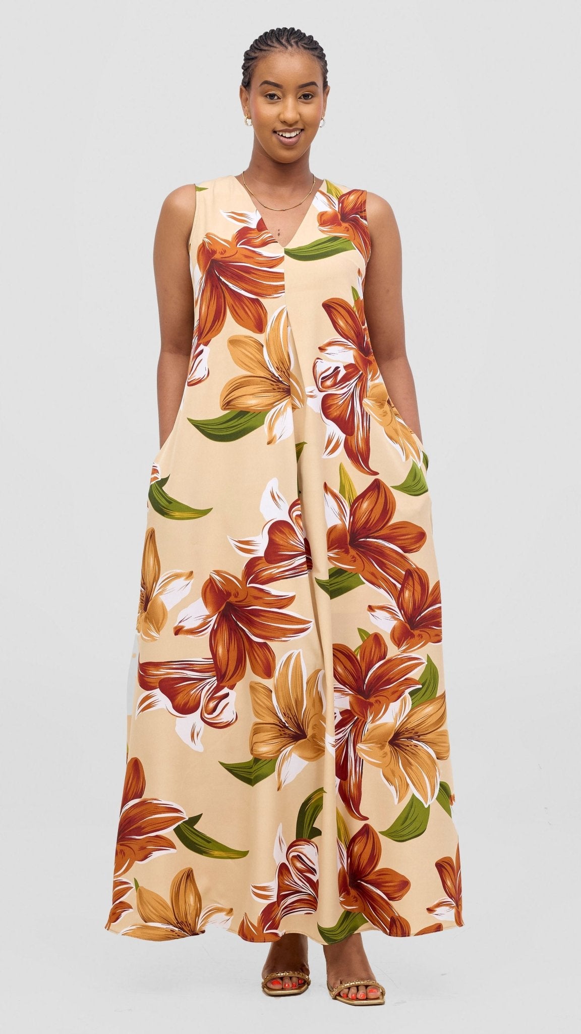 Vivo Ava Front Pleat Maxi Dress - Green / Rust Print - Shopzetu