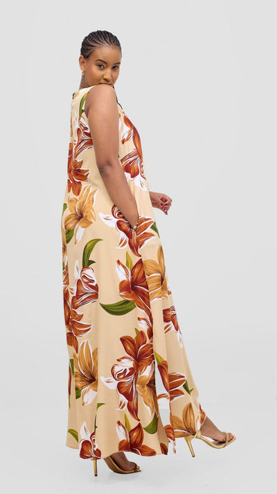 Vivo Ava Front Pleat Maxi Dress - Green / Rust Print - Shopzetu