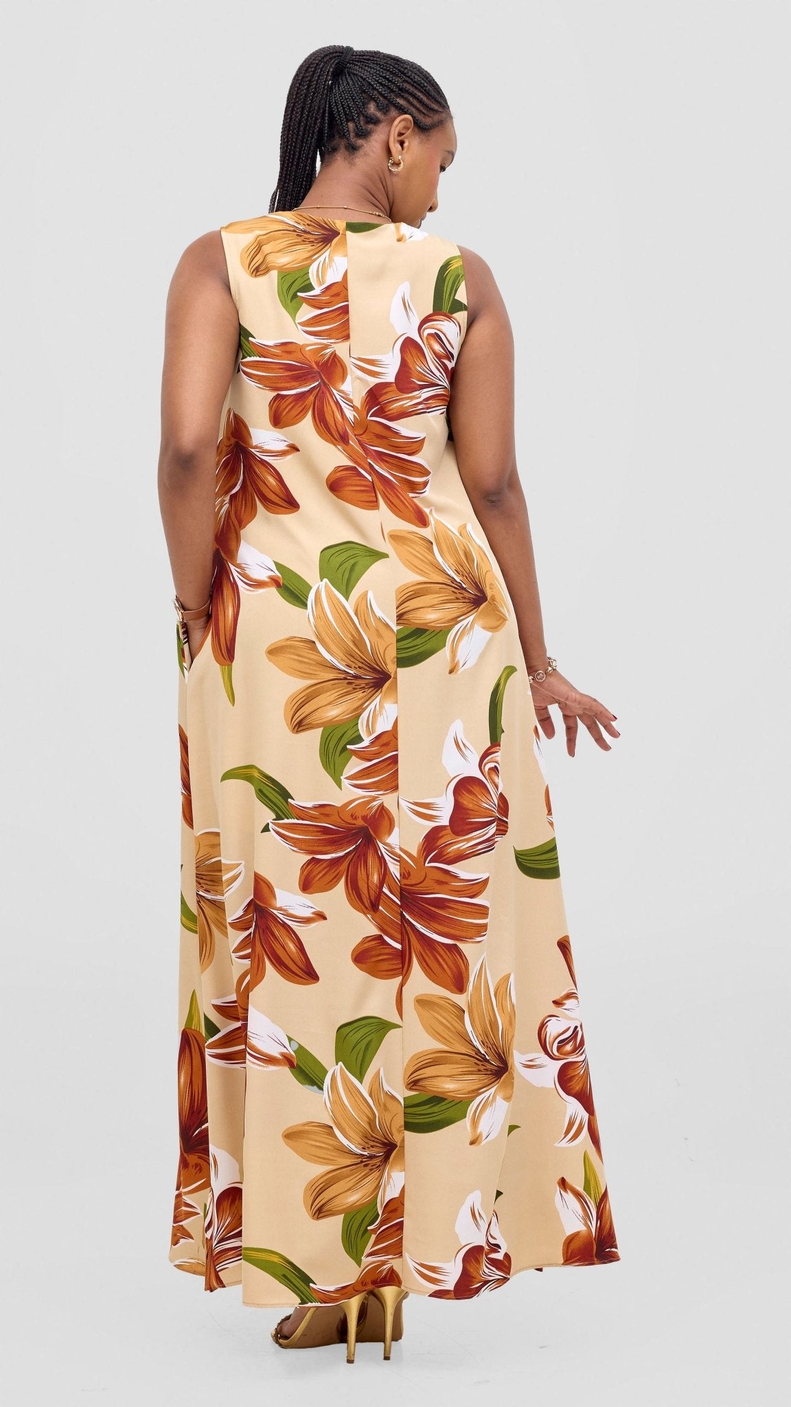 Vivo Ava Front Pleat Maxi Dress - Green / Rust Print - Shopzetu