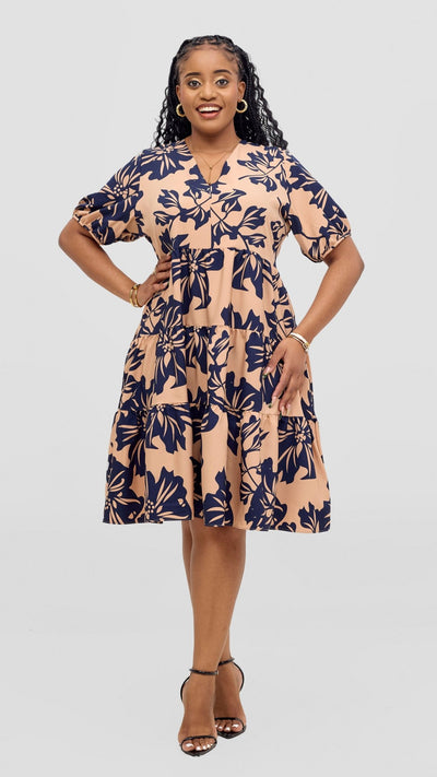 Vivo Wingu Tiered Knee Length Dress - Navy / Taupe Print - Shopzetu