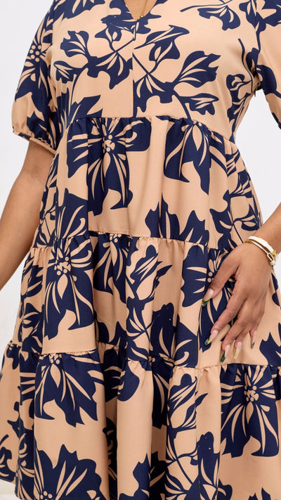 Vivo Wingu Tiered Knee Length Dress - Navy / Taupe Print - Shopzetu