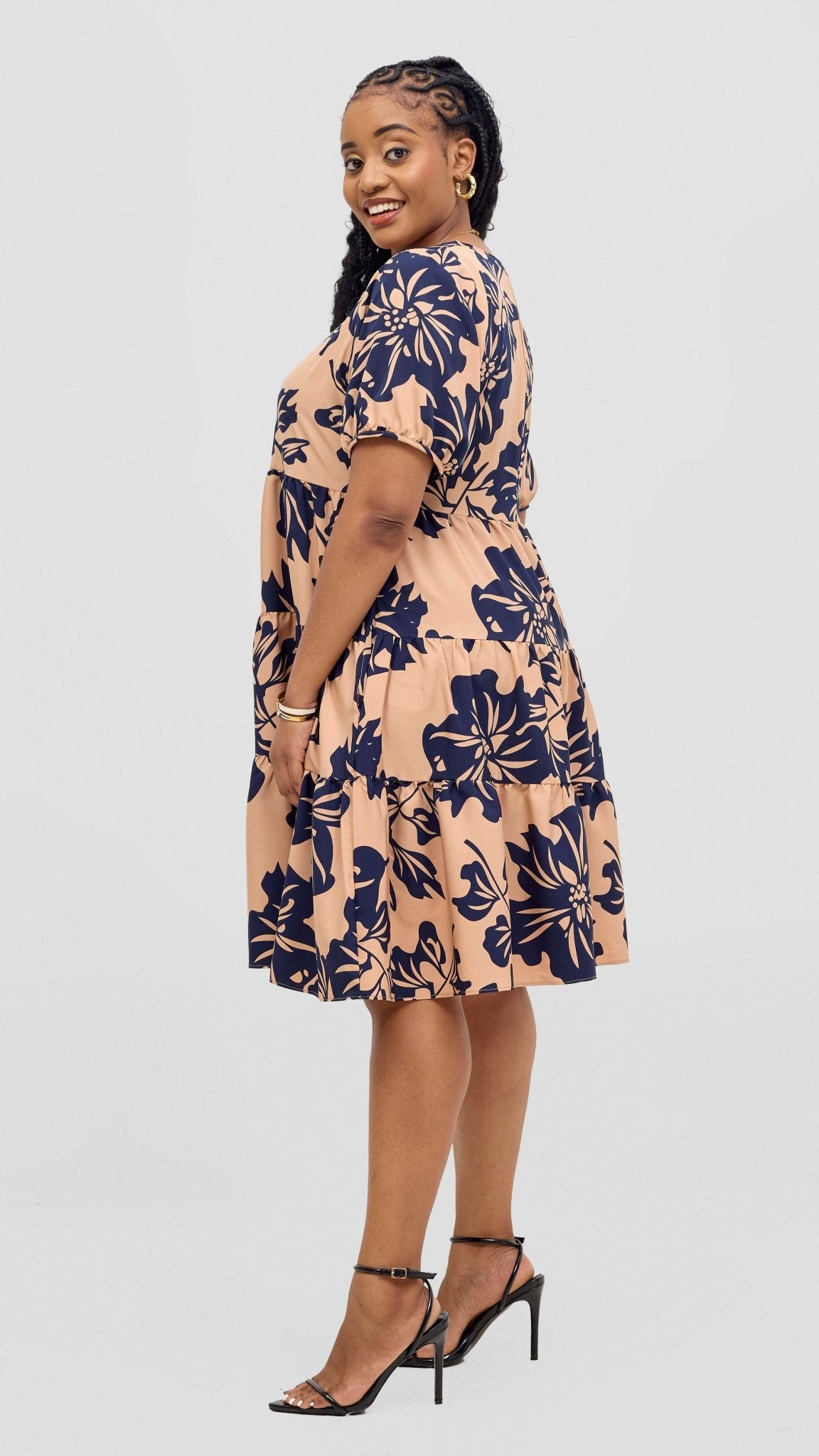 Vivo Wingu Tiered Knee Length Dress - Navy / Taupe Print - Shopzetu