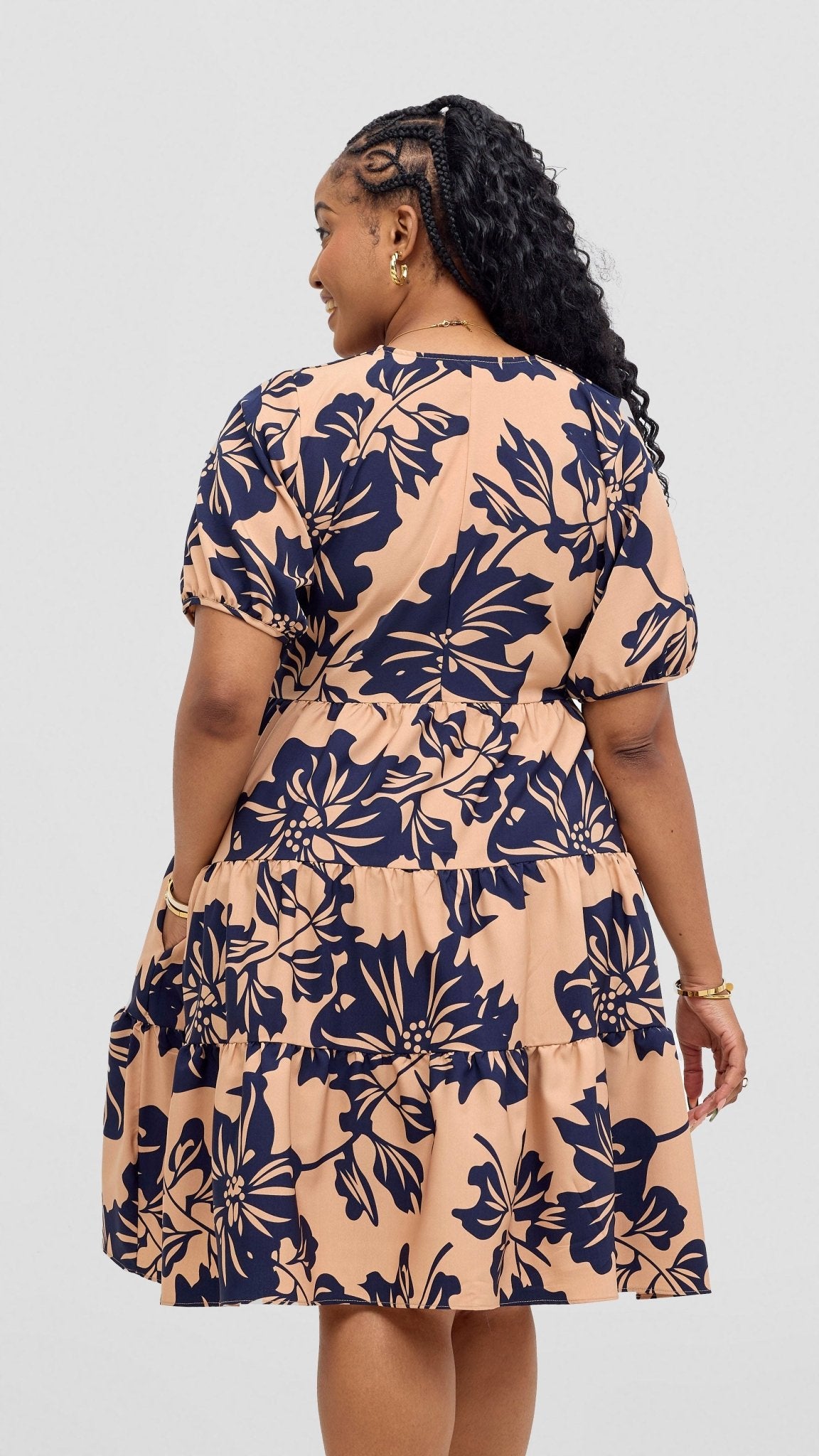 Vivo Wingu Tiered Knee Length Dress - Navy / Taupe Print - Shopzetu