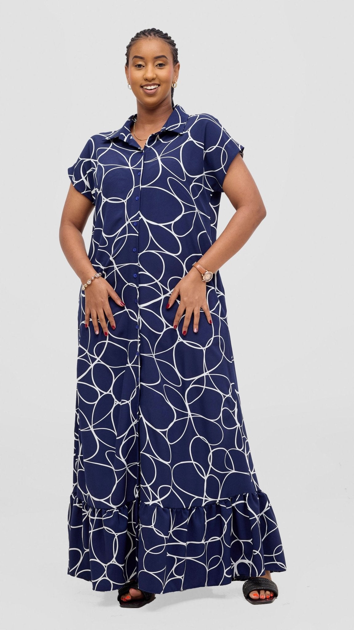Vivo Asha Drop Shoulder Maxi Shirt Dress - Navy / White Print - Shopzetu