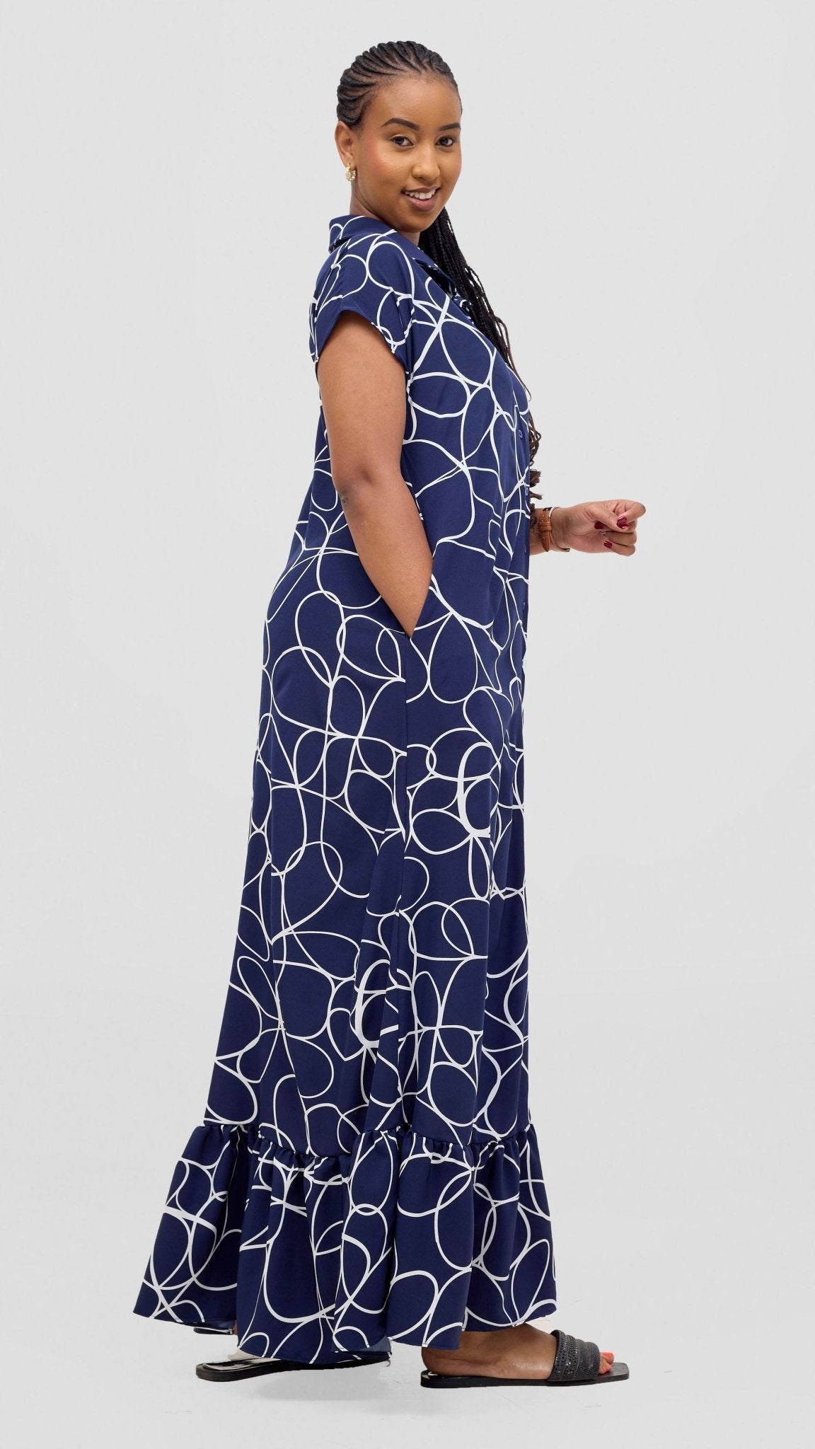 Vivo Asha Drop Shoulder Maxi Shirt Dress - Navy / White Print - Shopzetu