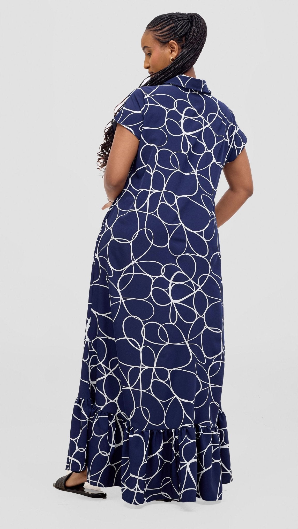 Vivo Asha Drop Shoulder Maxi Shirt Dress - Navy / White Print - Shopzetu